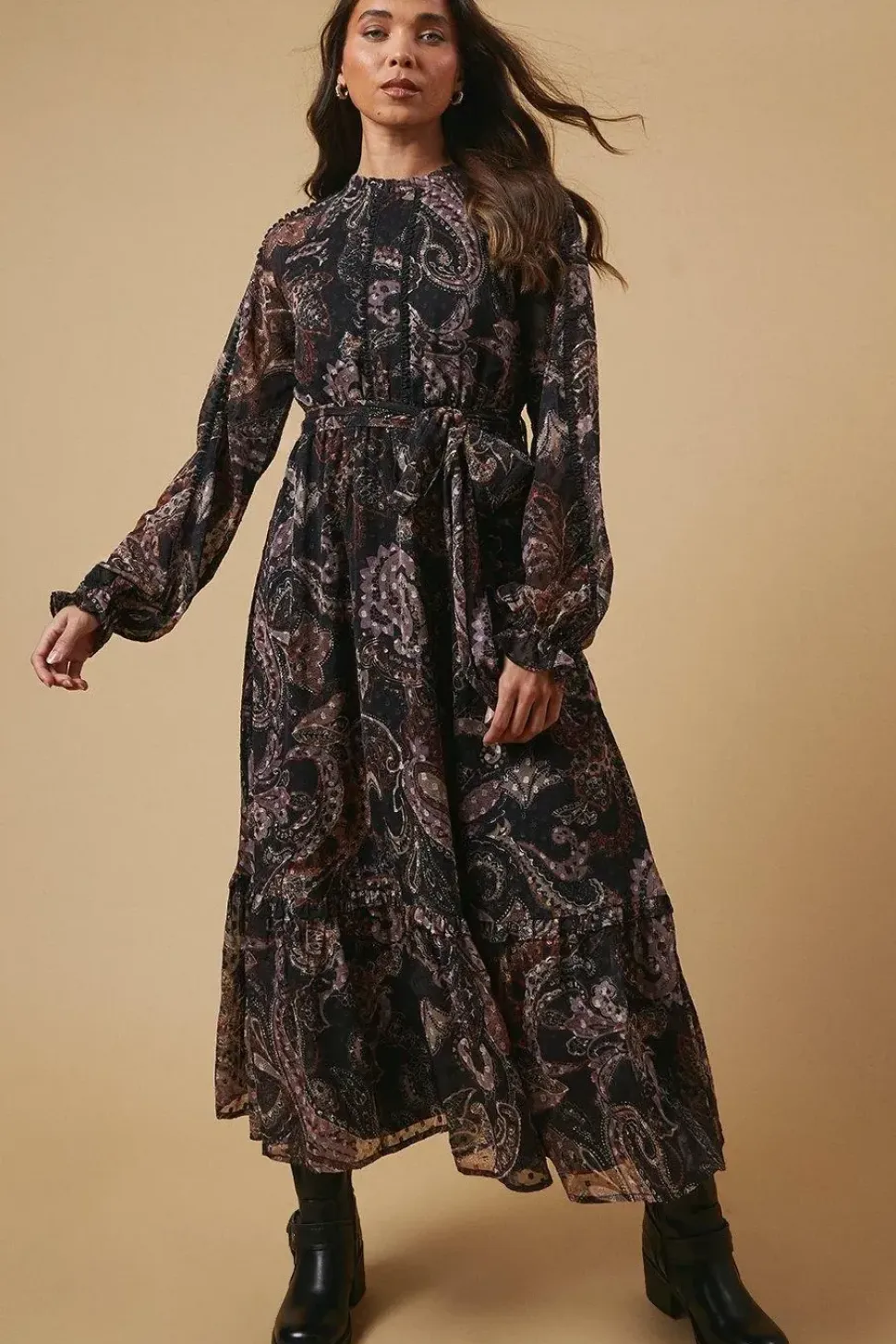 Petite Paisley Dobby Chiffon Trim Belted Midi Dress