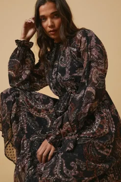 Petite Paisley Dobby Chiffon Trim Belted Midi Dress