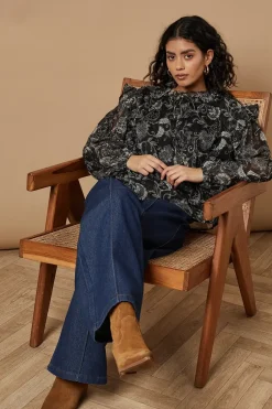 Petite Paisley Metallic Chiffon Tie Neck Blouse