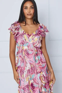 Petite Paisley Metallic Ruffle Shoulder Midi Dress