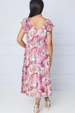 Petite Paisley Metallic Ruffle Shoulder Midi Dress