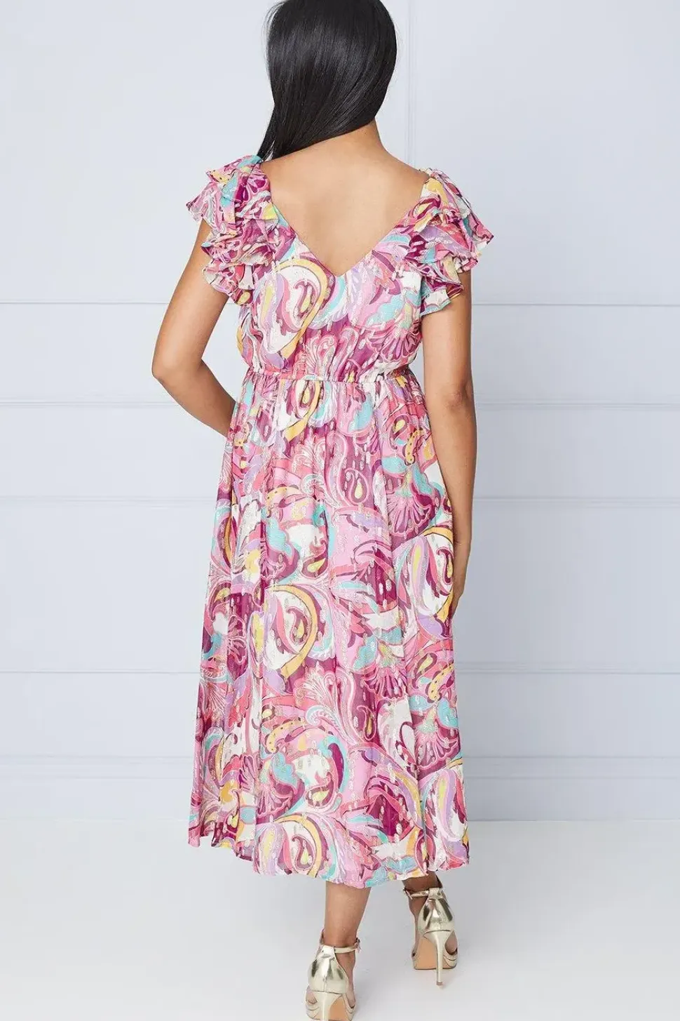 Petite Paisley Metallic Ruffle Shoulder Midi Dress
