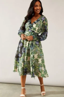Petite Paisley Patchwork Ruffle Wrap Midi Dress