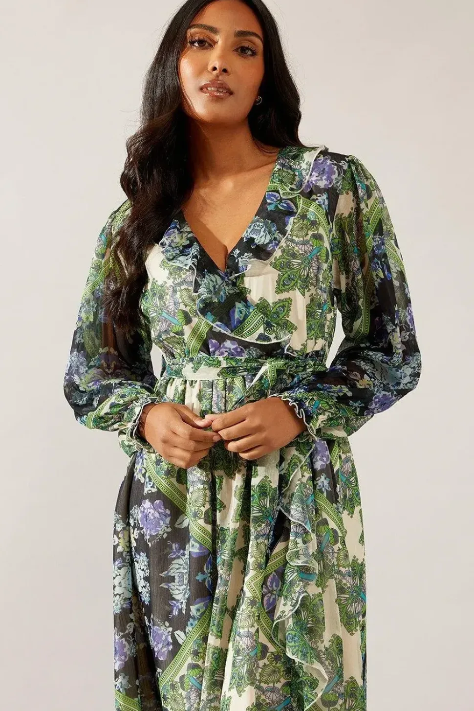 Petite Paisley Patchwork Ruffle Wrap Midi Dress