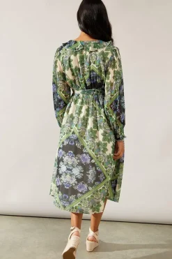 Petite Paisley Patchwork Ruffle Wrap Midi Dress