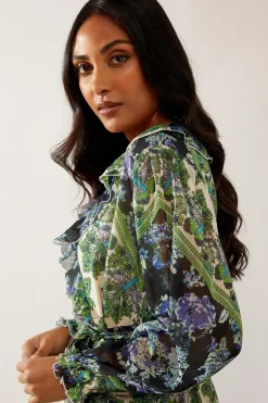 Petite Paisley Patchwork Ruffle Wrap Midi Dress