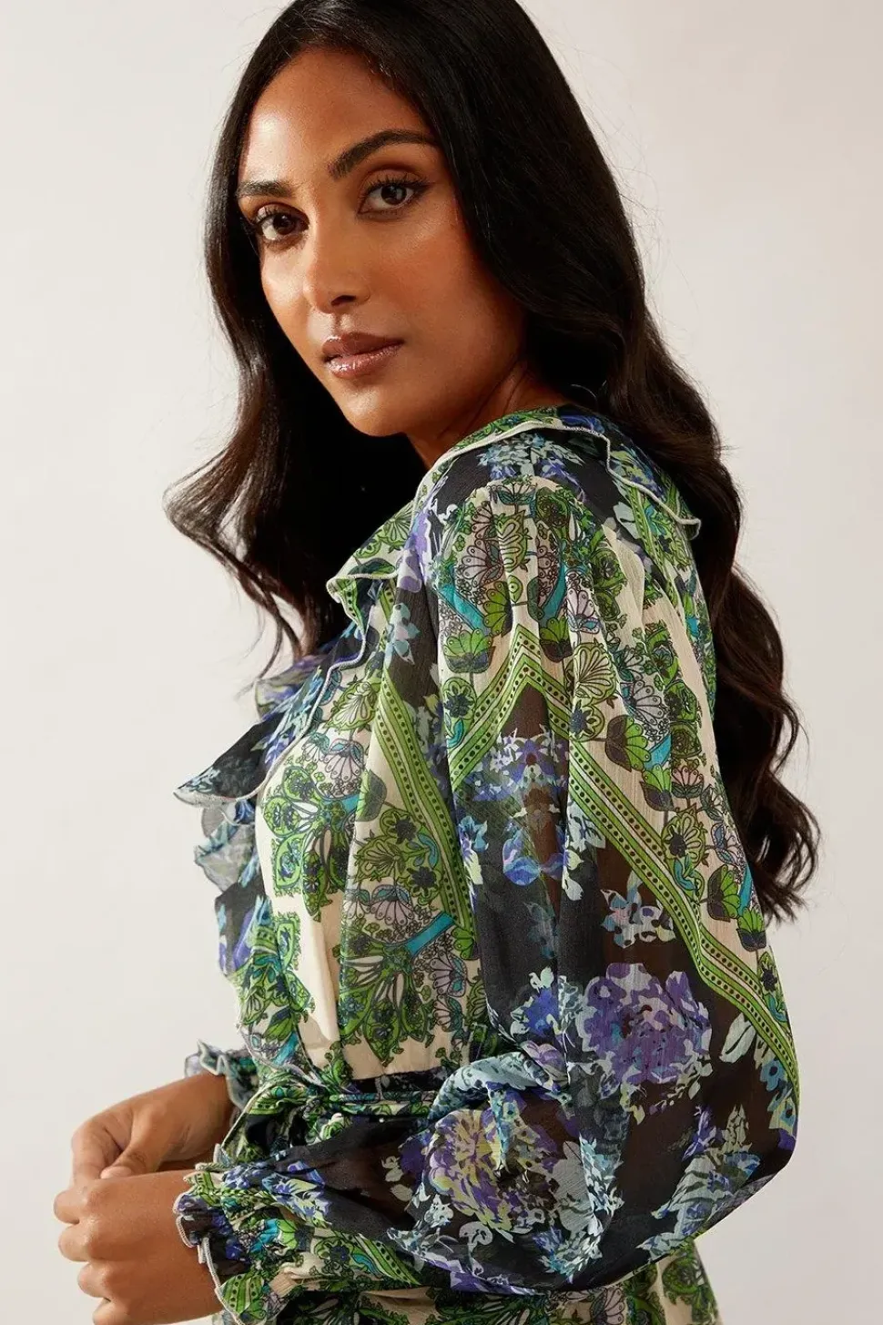 Petite Paisley Patchwork Ruffle Wrap Midi Dress