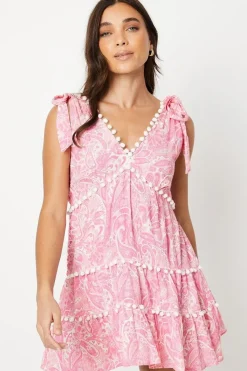 Petite Paisley Pom Pom Trim Tie Shoulder Crinkle Mini Dress