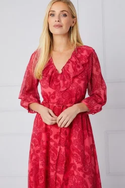 Petite Paisley Ruffle Belted Midi Dress