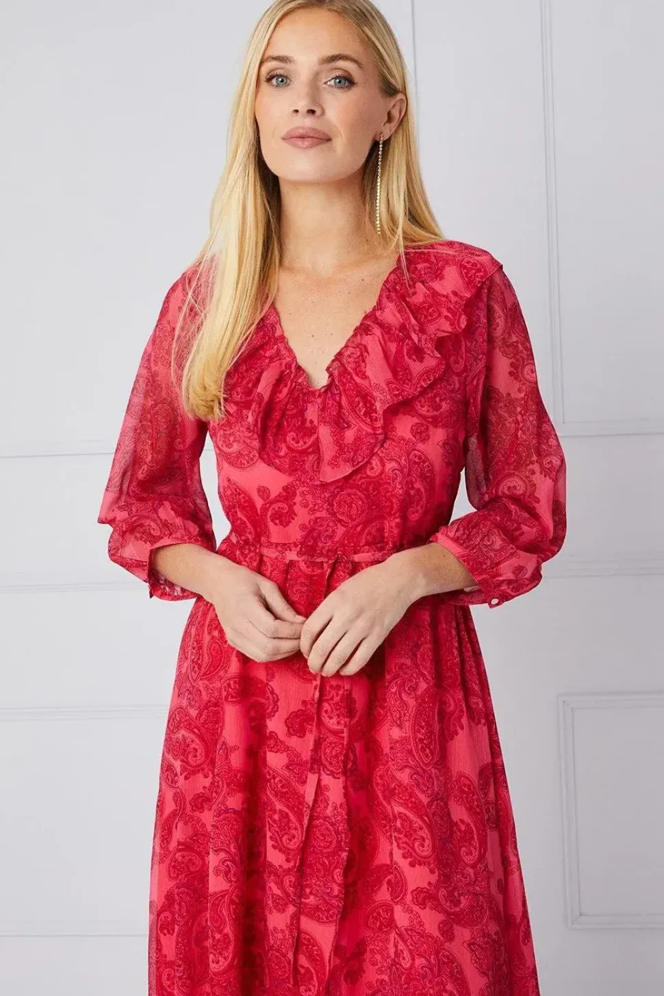 Petite Paisley Ruffle Belted Midi Dress