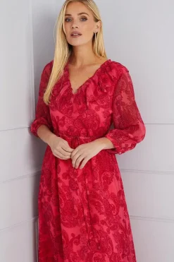 Petite Paisley Ruffle Belted Midi Dress
