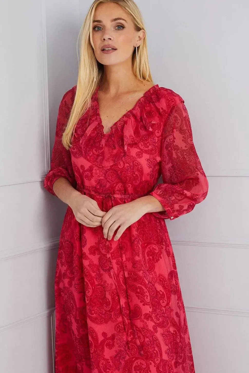 Petite Paisley Ruffle Belted Midi Dress