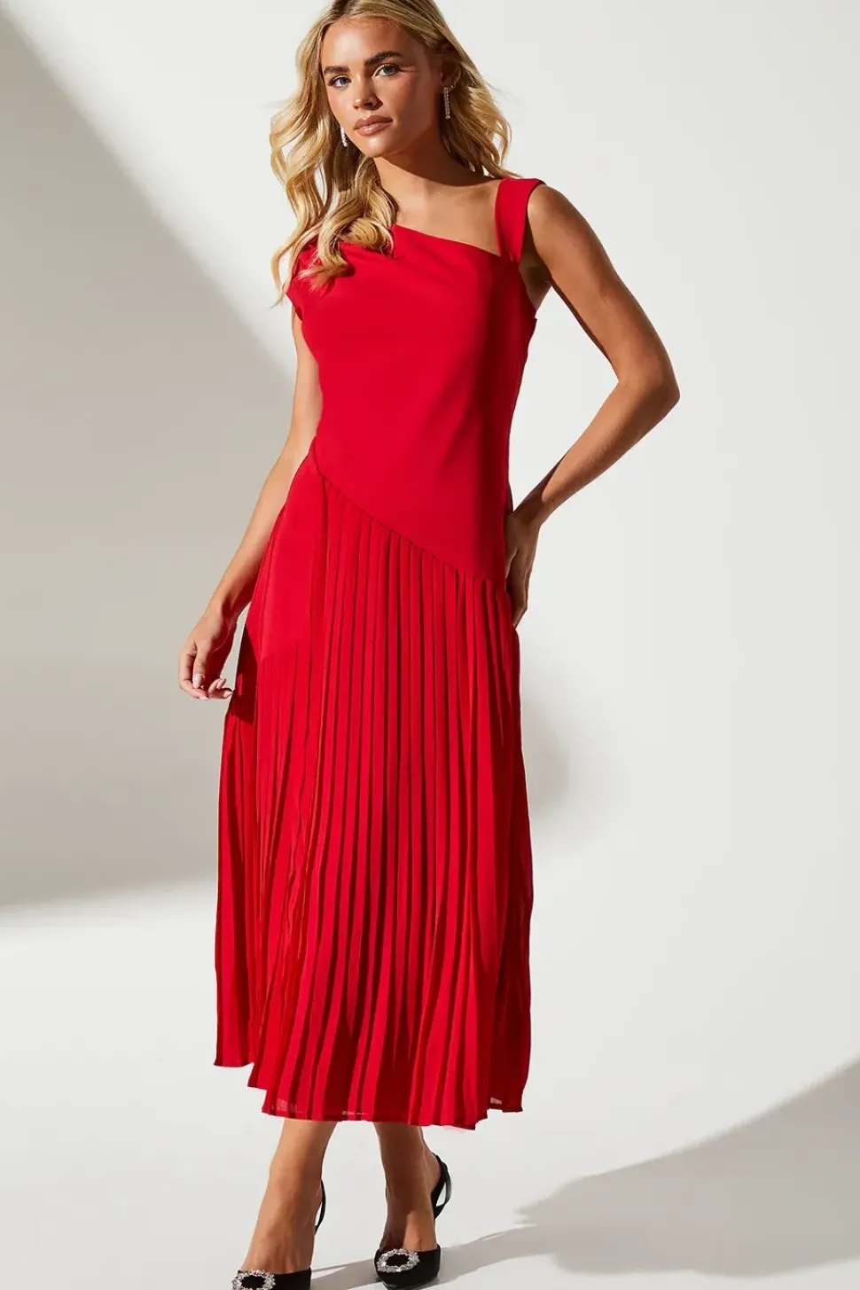Petite Panelled Bodice Pleated Skirt Midi Dress