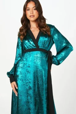 Petite Party Metallic Long Sleeve Wrap Midi Dress