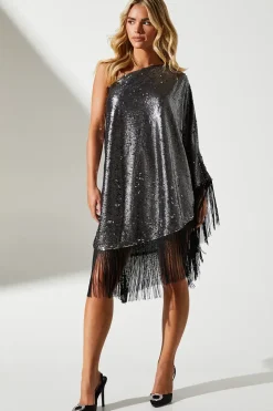 Petite Party Sequin One Shoulder Mini Dress With Fringe