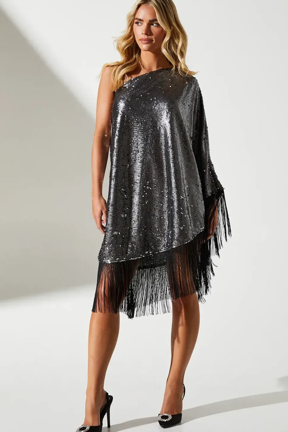 Petite Party Sequin One Shoulder Mini Dress With Fringe