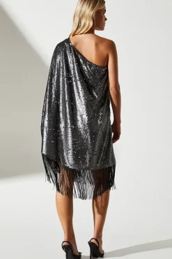 Petite Party Sequin One Shoulder Mini Dress With Fringe