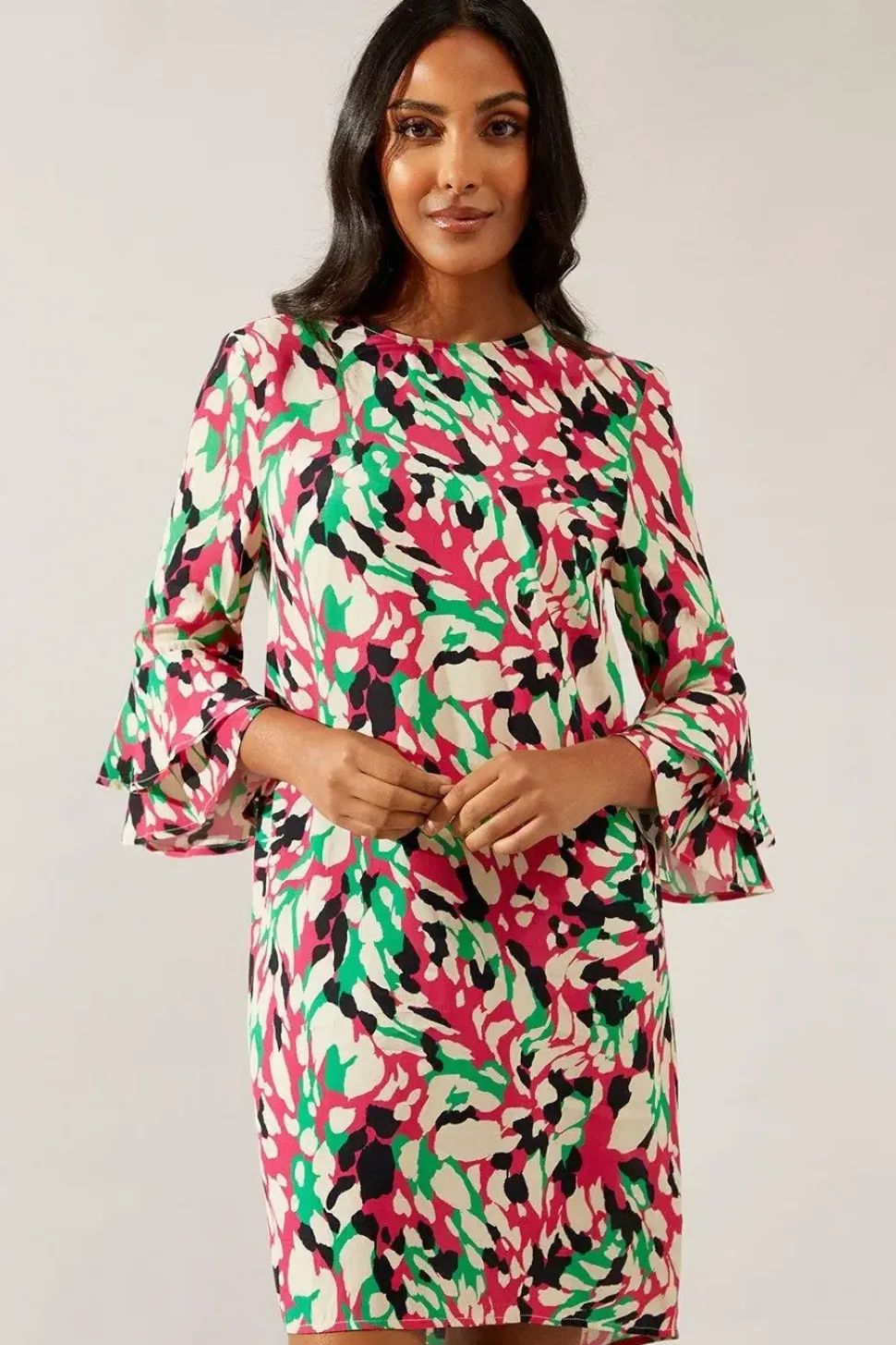 Petite Pink Abstract Flute Sleeve Shift Dress