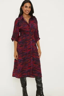 Petite Pink Abstract Shirred Waist Shirt Dress