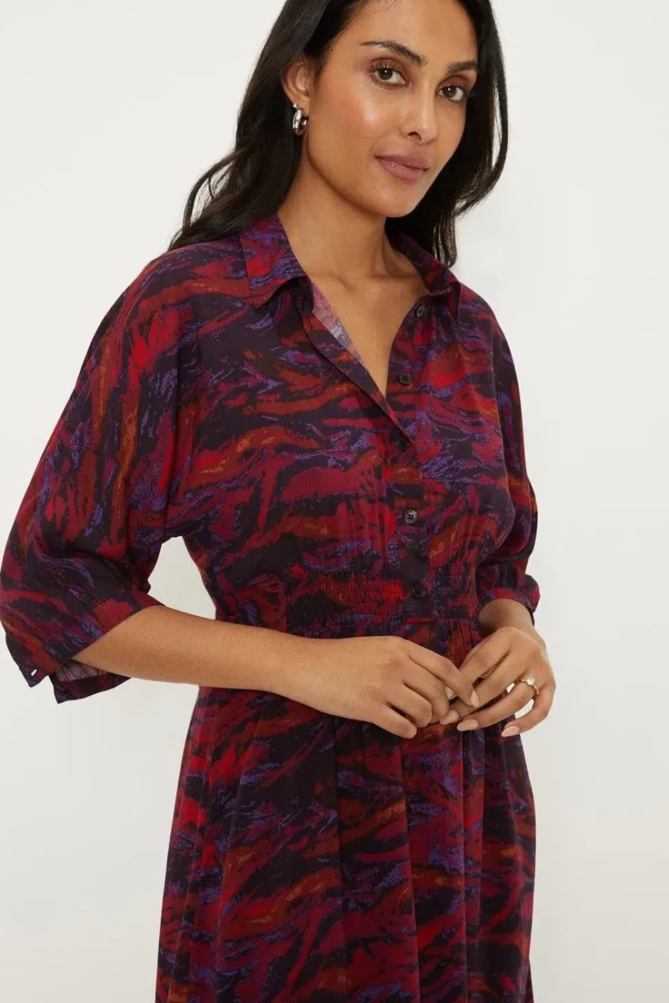 Petite Pink Abstract Shirred Waist Shirt Dress