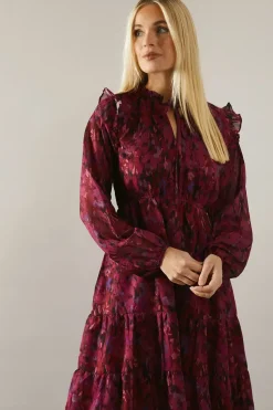 Petite Pink Abstract Tie Neck Long Sleeve Midi Dress