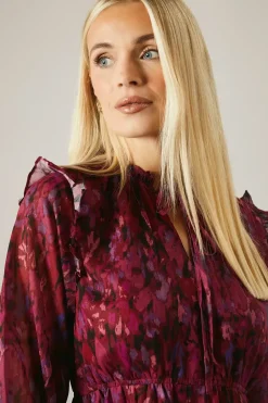 Petite Pink Abstract Tie Neck Long Sleeve Midi Dress