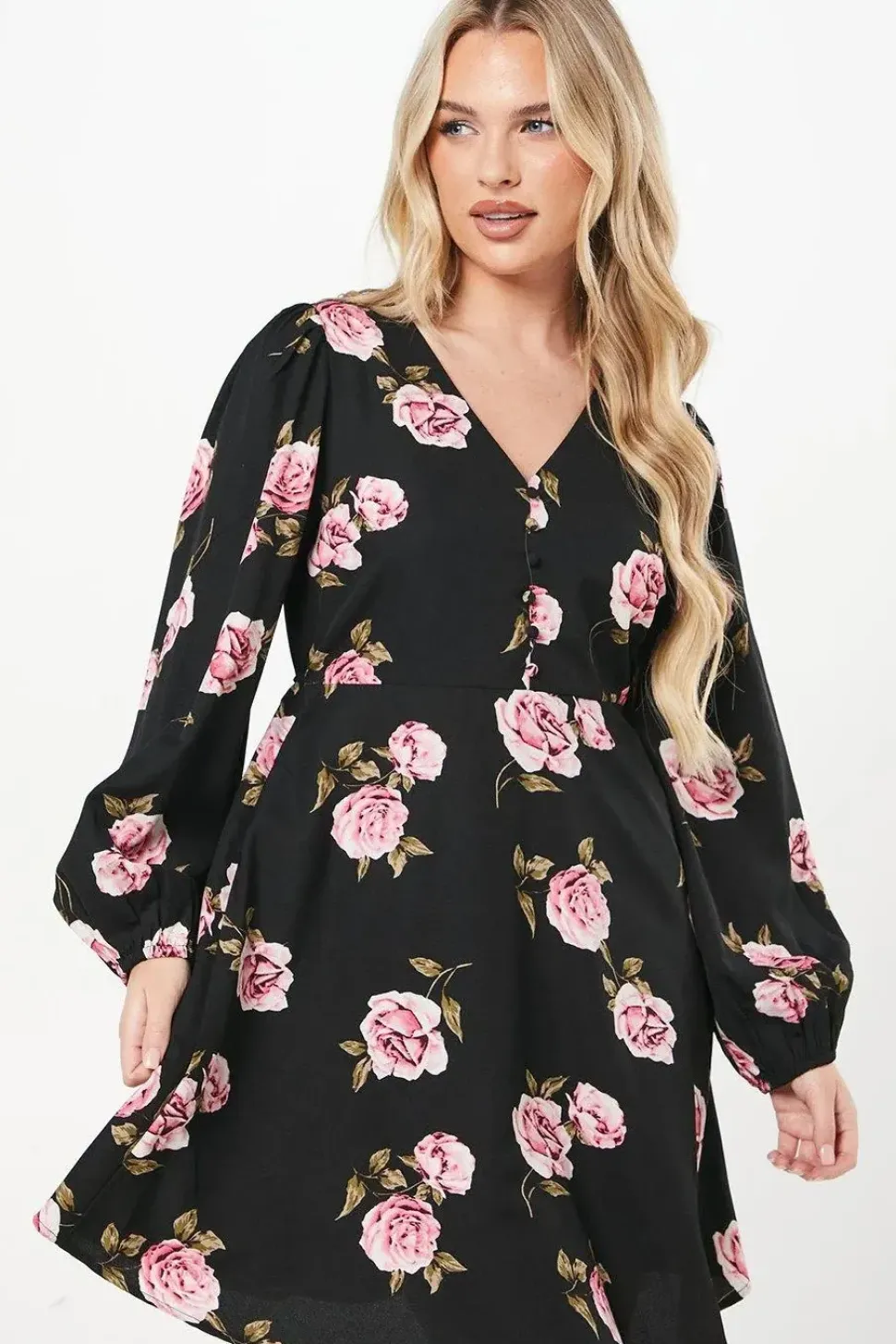 Petite Pink Floral Button Front Mini Dress