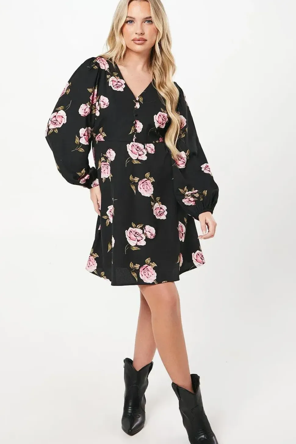 Petite Pink Floral Button Front Mini Dress