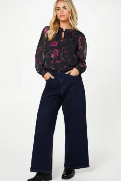 Petite Pink Floral Chiffon Ruffle Shoulder Overhead Blouse