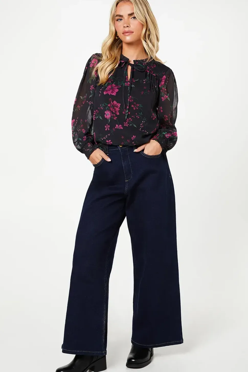 Petite Pink Floral Chiffon Ruffle Shoulder Overhead Blouse