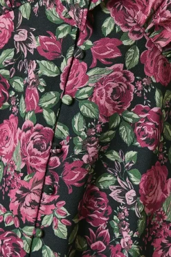 Petite Pink Floral Ruffle Neck Long Sleeve Button Front Tea Blouse