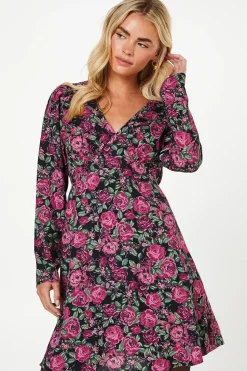 Petite Pink Floral Shirred Shoulder Empire Long Sleeve Mini Dress