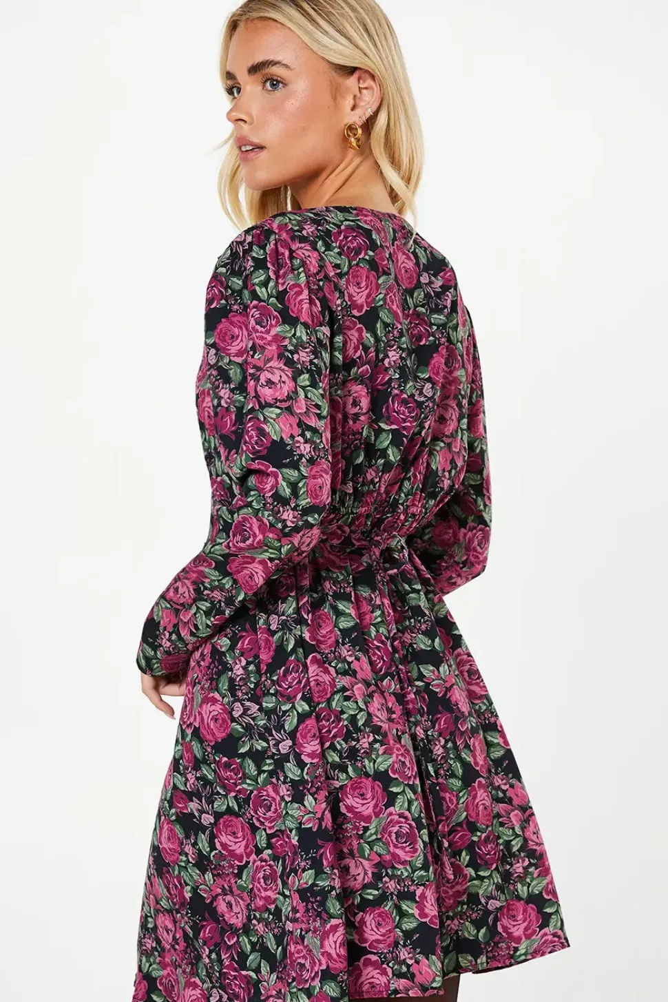 Petite Pink Floral Shirred Shoulder Empire Long Sleeve Mini Dress