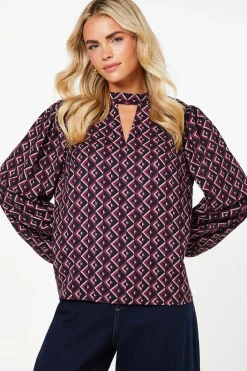 Petite Pink Geo Keyhole Blouse