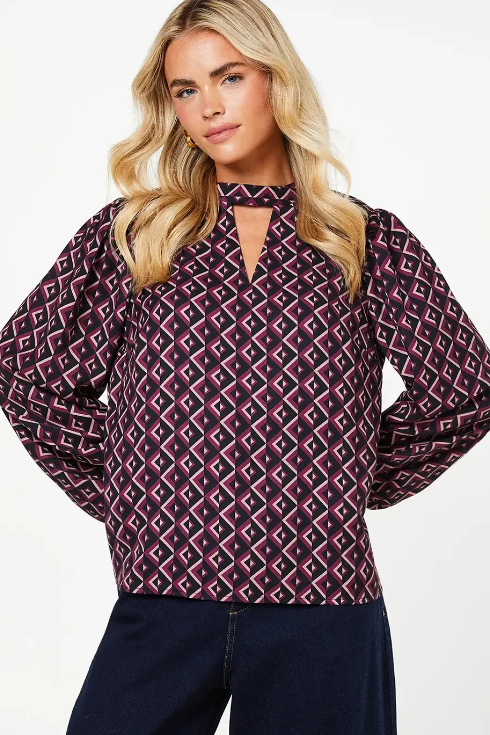 Petite Pink Geo Keyhole Blouse