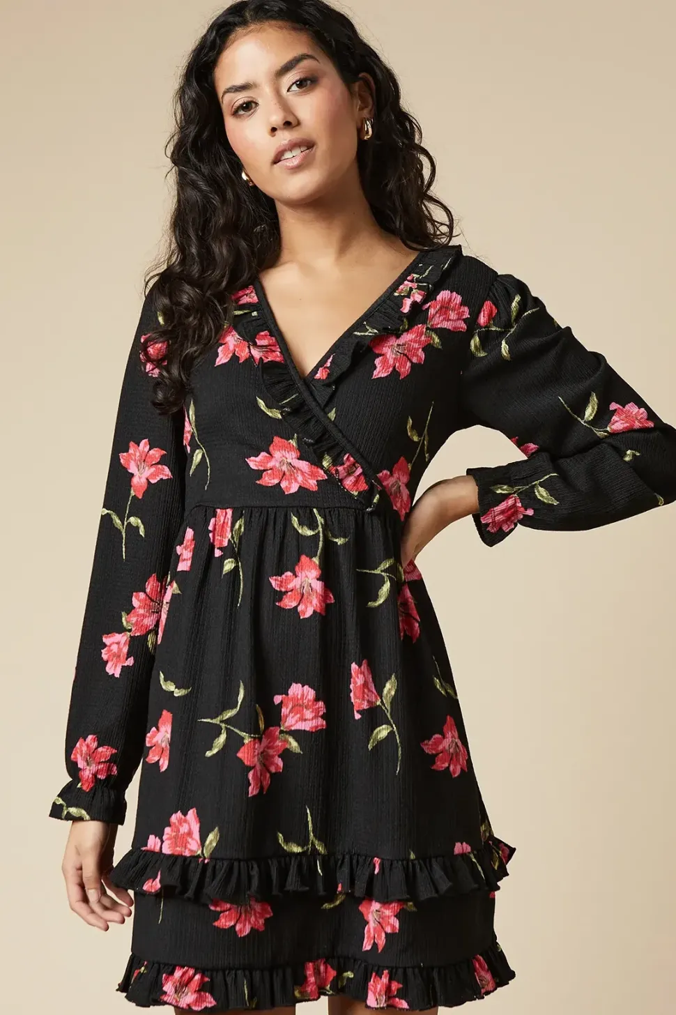 Petite Pink Large Floral Ruffle Wrap Long Sleeve Mini Dress