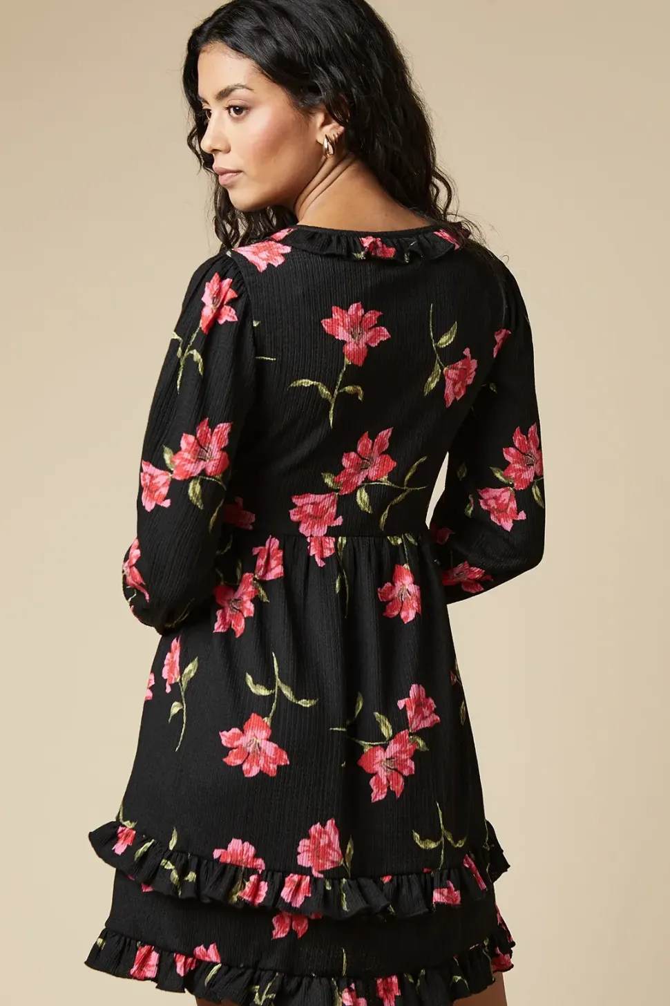 Petite Pink Large Floral Ruffle Wrap Long Sleeve Mini Dress