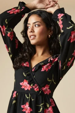 Petite Pink Large Floral Ruffle Wrap Long Sleeve Mini Dress