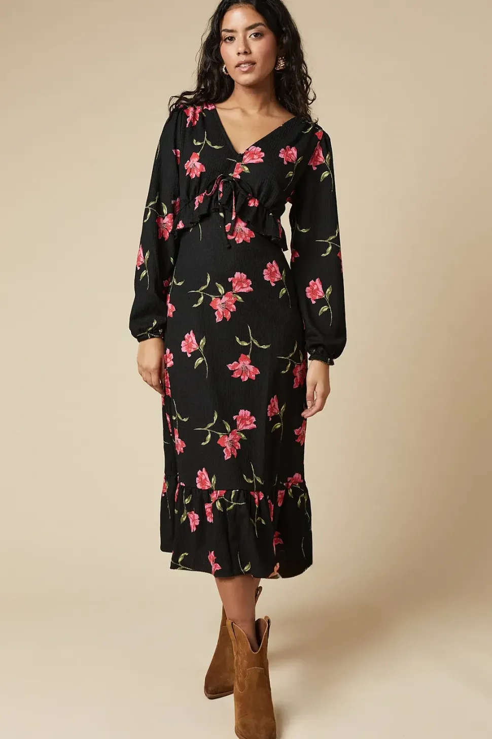 Petite Pink Large Floral Tie Front Ruffle Bust Long Sleeve Midi Dress