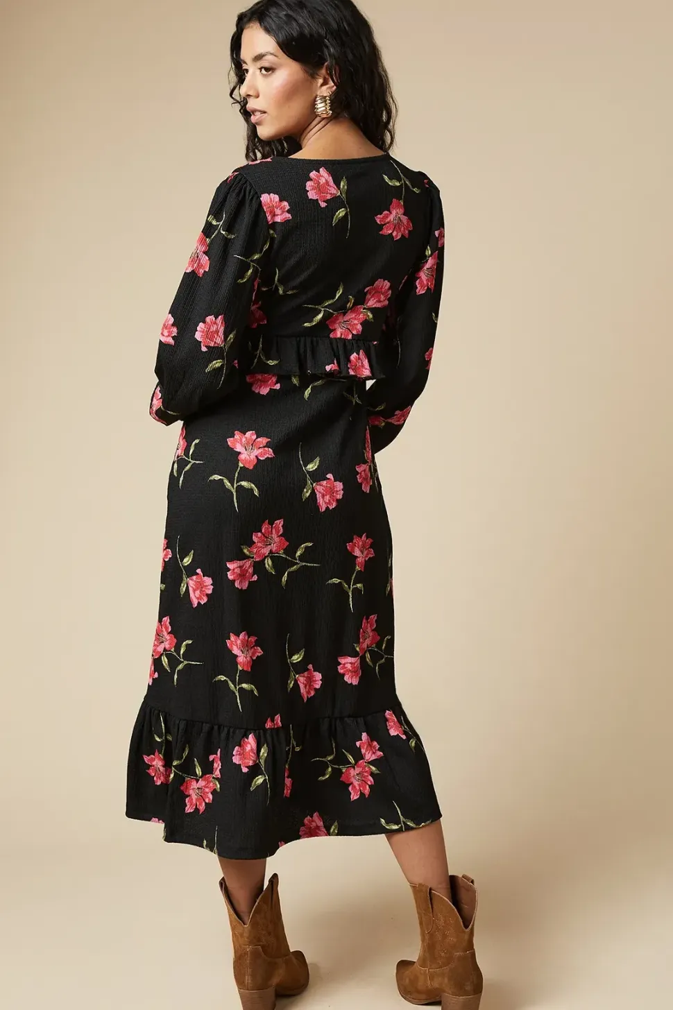 Petite Pink Large Floral Tie Front Ruffle Bust Long Sleeve Midi Dress