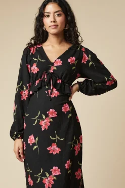 Petite Pink Large Floral Tie Front Ruffle Bust Long Sleeve Midi Dress