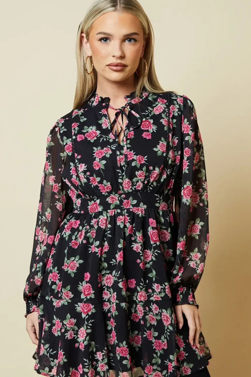 Petite Pink Rose Chiffon Lace Insert Long Sleeve Mini Dress