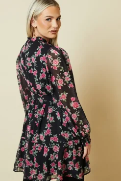 Petite Pink Rose Chiffon Lace Insert Long Sleeve Mini Dress