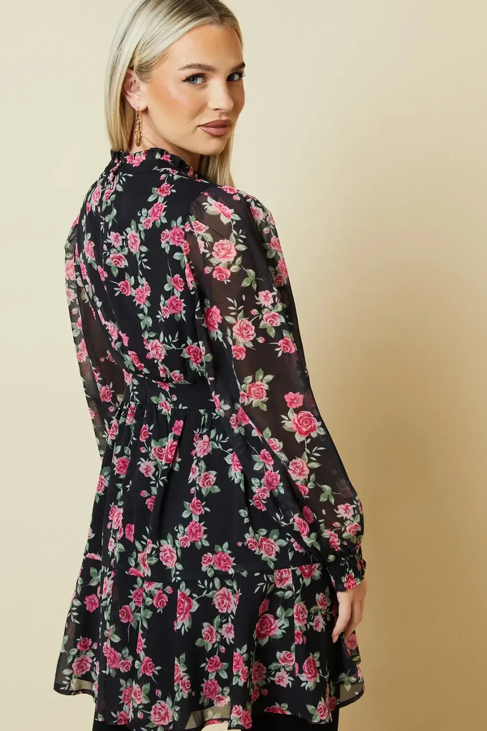 Petite Pink Rose Chiffon Lace Insert Long Sleeve Mini Dress