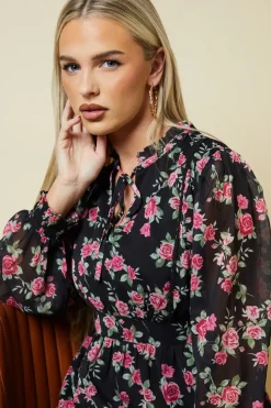 Petite Pink Rose Chiffon Lace Insert Long Sleeve Mini Dress