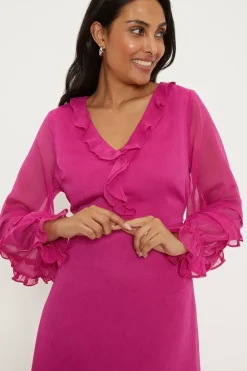 Petite Pink Ruffle Front Midi Dress