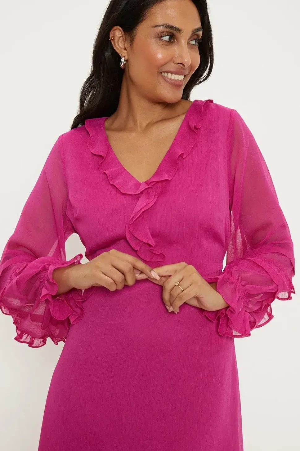 Petite Pink Ruffle Front Midi Dress