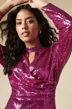 Petite Pink Sequin Keyhole Midi Dress