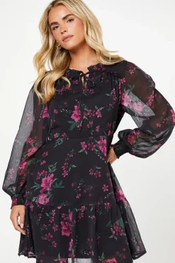Petite Pink Spaced Floral Chiffon Ruffle Hem Long Sleeve Mini Dress