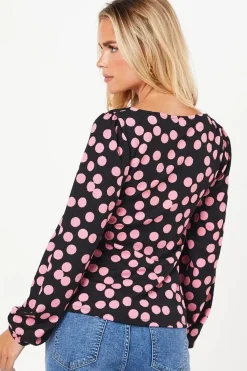 Petite Pink Spot Twist Front Long Sleeve Top